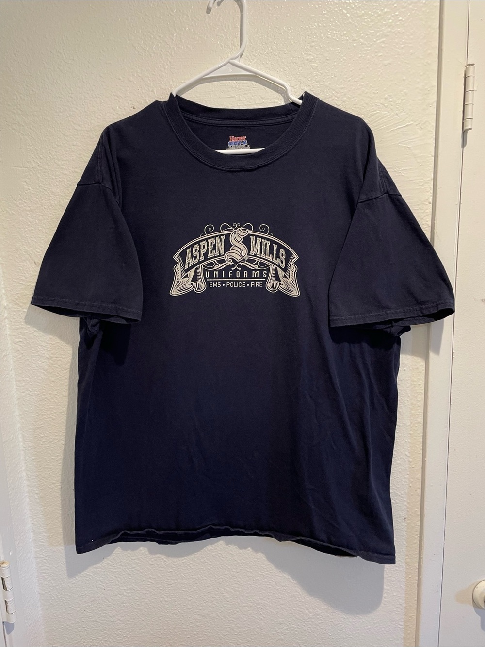 Aspen Mills Uniforms Graphic Tee | Navy Blue Hanes Beefy T Shirt Size XL Retro